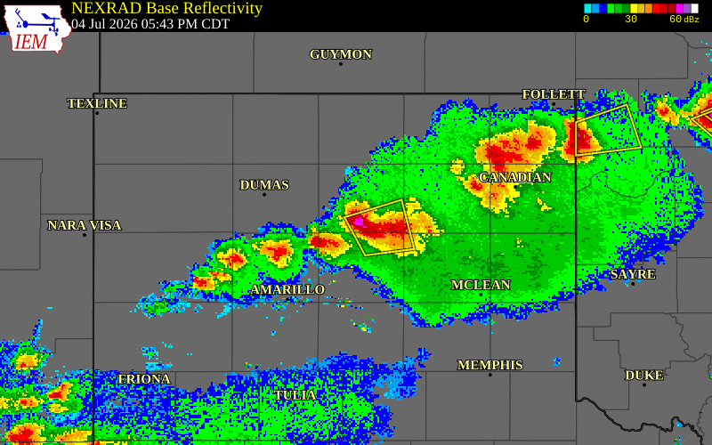 NEXRAD radar during the Saturday, July 4, 2026 storm activity in Hutchinson County, Texas