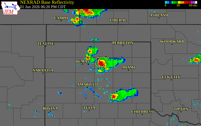 Radar snapshot during the Jun 1, 2026 hail event near 4 S Pringle, Hutchinson County, Texas, with NWS warning polygons
