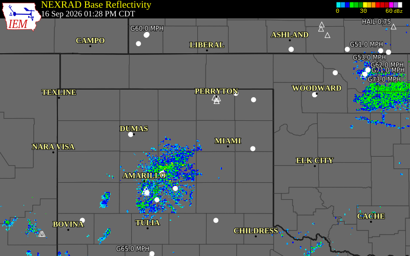 Current NEXRAD radar over Hutchinson County, Texas with recent storm report locations