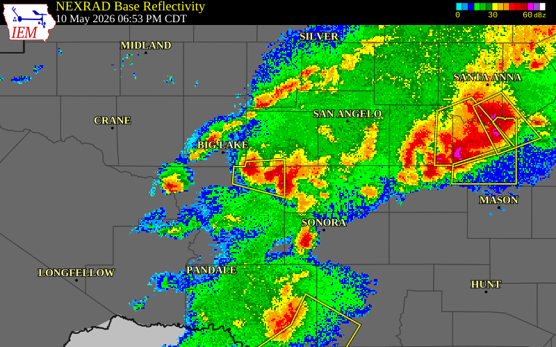 NEXRAD radar during the Sunday, May 10, 2026 storm activity in Irion County, Texas