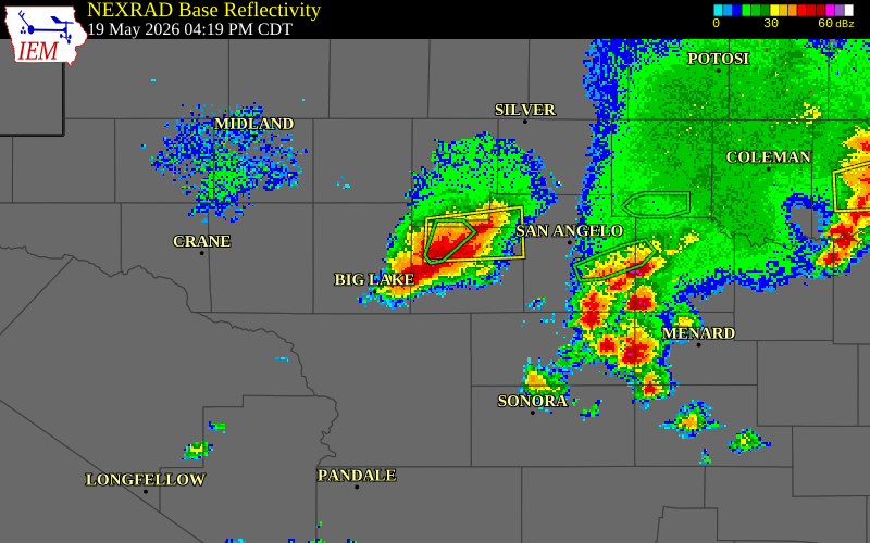 NEXRAD radar during the Tuesday, May 19, 2026 storm activity in Irion County, Texas