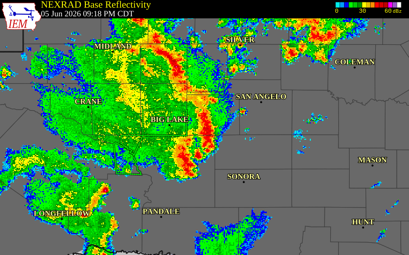 NEXRAD radar during the Friday, June 5, 2026 storm activity in Irion County, Texas