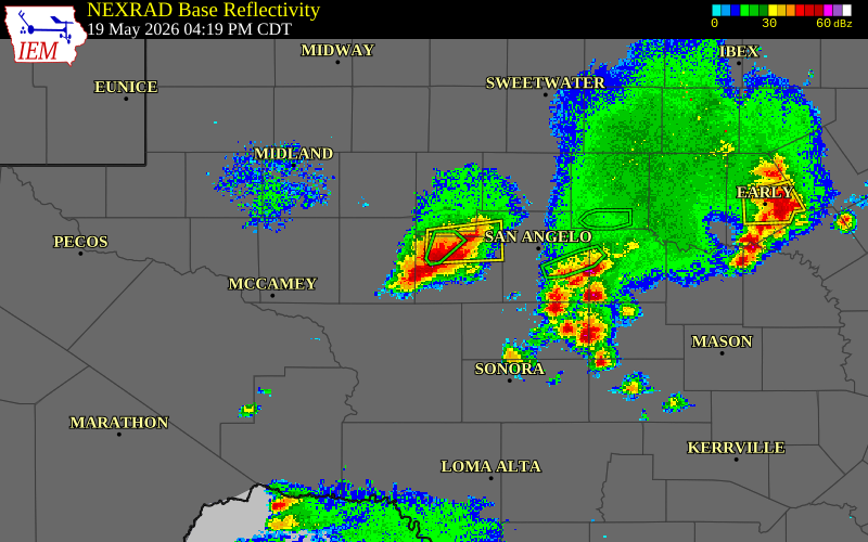 Radar snapshot during the May 19, 2026 tornado event near 12 N Barnhart, Irion County, Texas, with NWS warning polygons