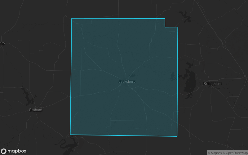 Map of Jack County, Texas showing the county boundary and surrounding cities