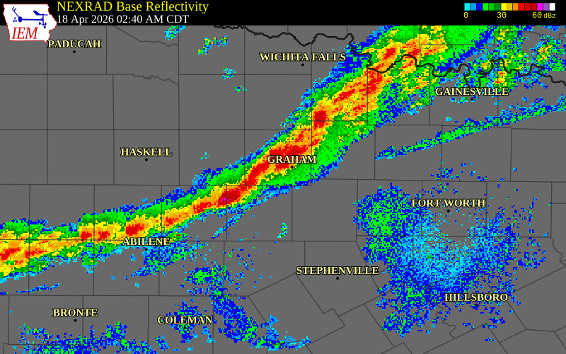 NEXRAD radar during the Saturday, April 18, 2026 storm activity in Jack County, Texas