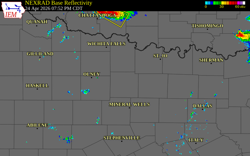 NEXRAD radar during the Friday, April 24, 2026 storm activity in Jack County, Texas