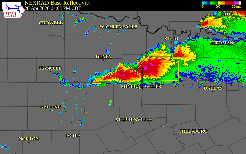 NEXRAD radar during the Tuesday, April 28, 2026 storm activity in Jack County, Texas