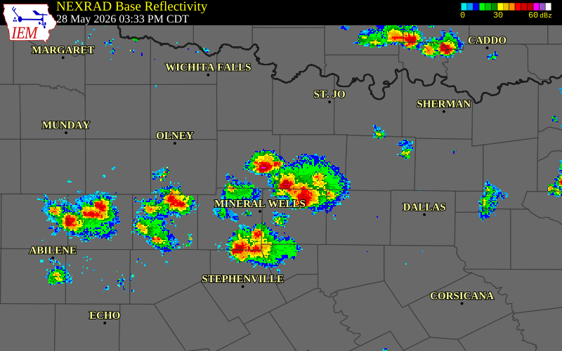 NEXRAD radar during the Thursday, May 28, 2026 storm activity in Jack County, Texas