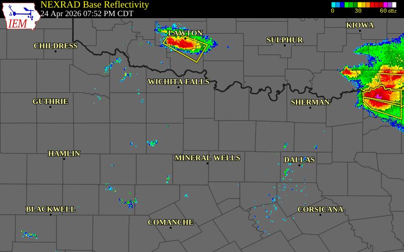 Radar snapshot during the Apr 24, 2026 tornado event near 10 N Jacksboro, Jack County, Texas, with NWS warning polygons