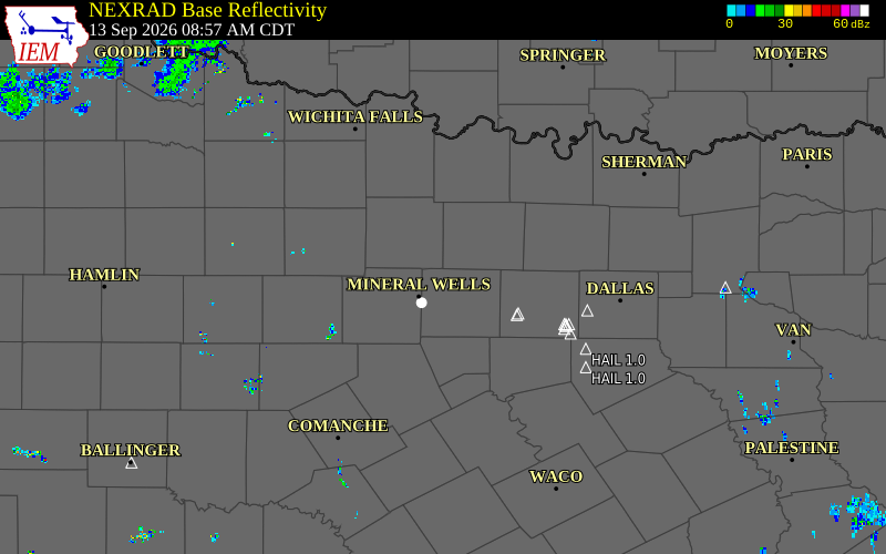 Current NEXRAD radar over Jack County, Texas with recent storm report locations