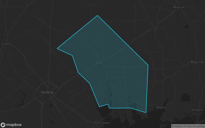 Map of Jackson County, Texas showing the county boundary and surrounding cities