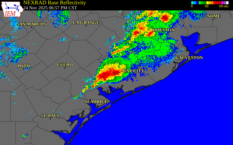 NEXRAD radar during the Monday, November 24, 2025 storm activity in Jackson County, Texas