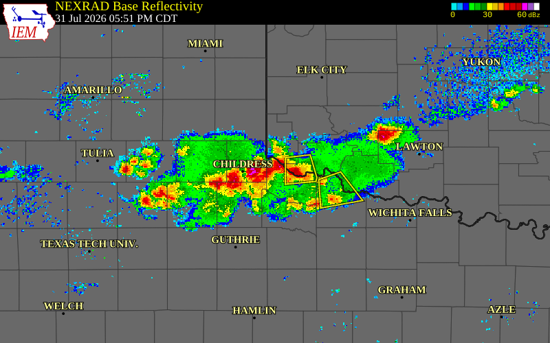 Radar snapshot during the Jul 31, 2026 wind event near Jackson County, Jackson County, Texas, with NWS warning polygons