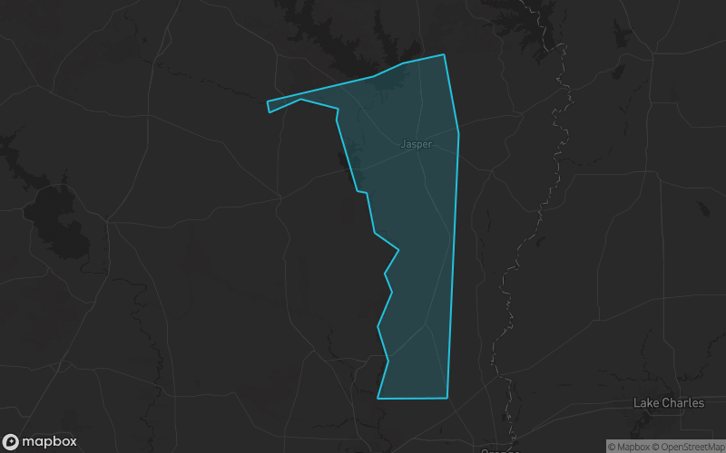 Map of Jasper County, Texas showing the county boundary and surrounding cities