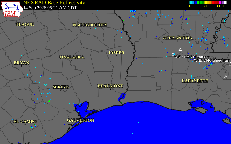 Current NEXRAD radar over Jasper County, Texas with recent storm report locations