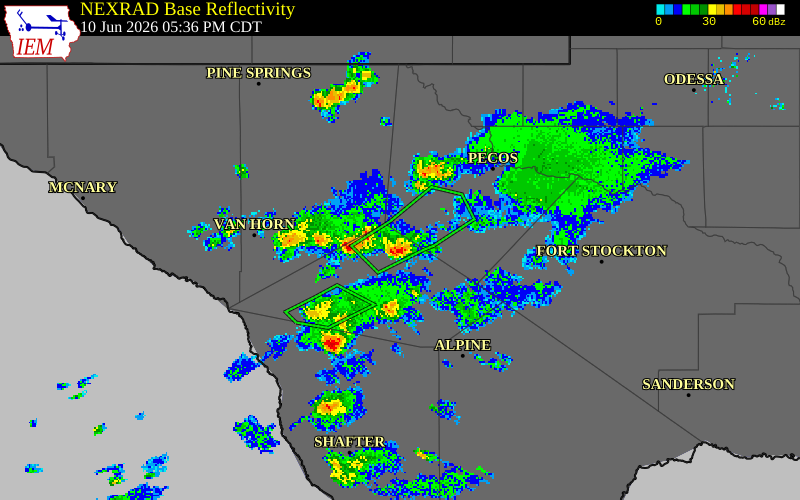 NEXRAD radar during the Wednesday, June 10, 2026 storm activity in Jeff Davis County, Texas