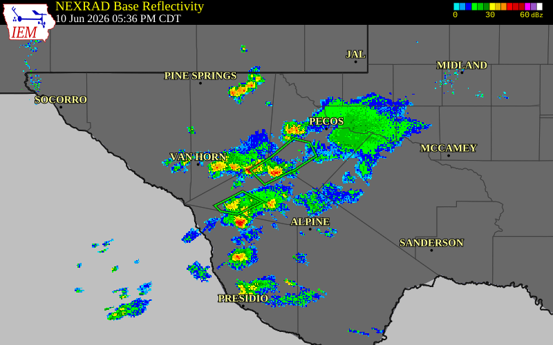 Radar snapshot during the Jun 10, 2026 wind event near 13 W Toyahvale, Jeff Davis County, Texas, with NWS warning polygons