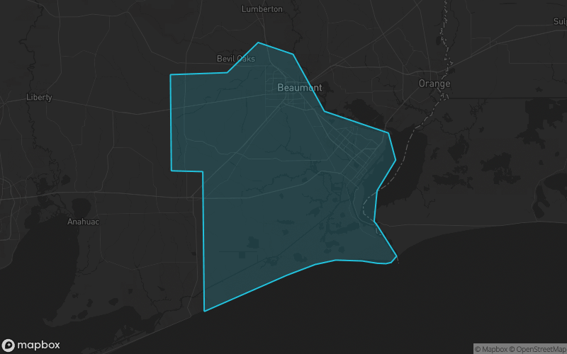 Map of Jefferson County, Texas showing the county boundary and surrounding cities