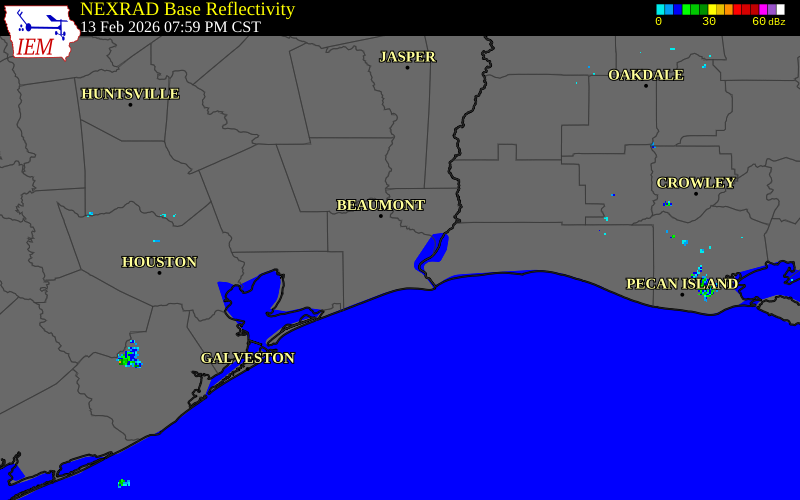 NEXRAD radar during the Friday, February 13, 2026 storm activity in Jefferson County, Texas