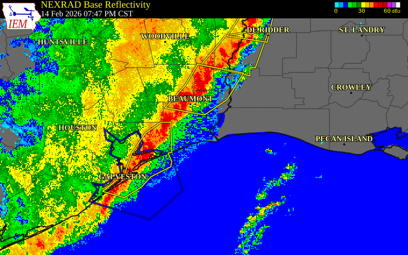 NEXRAD radar during the Saturday, February 14, 2026 storm activity in Jefferson County, Texas