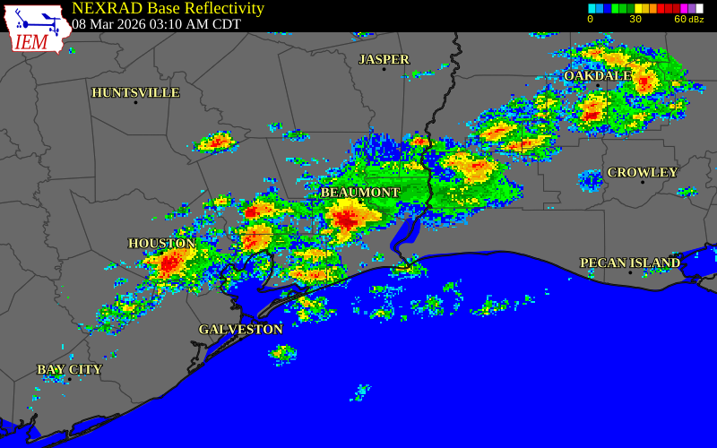 NEXRAD radar during the Sunday, March 8, 2026 storm activity in Jefferson County, Texas