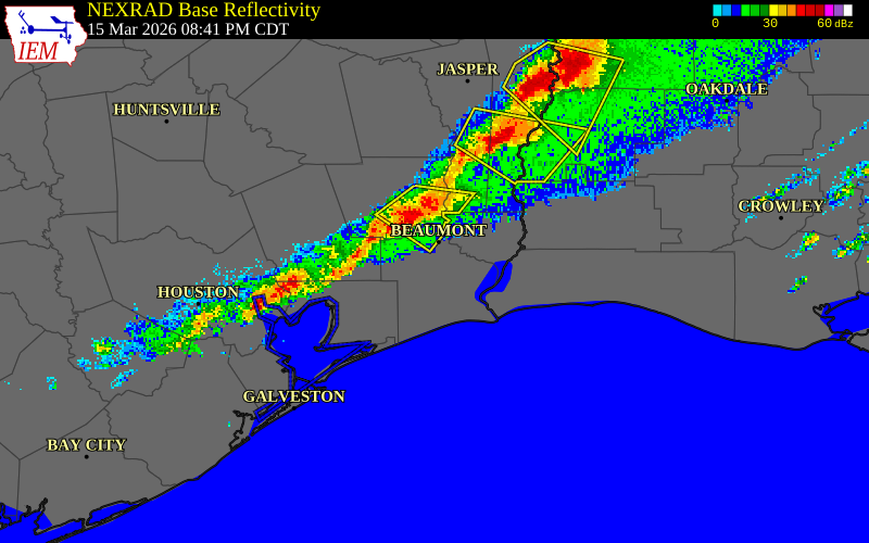 NEXRAD radar during the Sunday, March 15, 2026 storm activity in Jefferson County, Texas