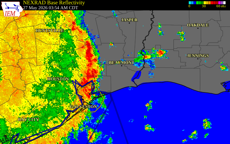 NEXRAD radar during the Wednesday, May 27, 2026 storm activity in Jefferson County, Texas