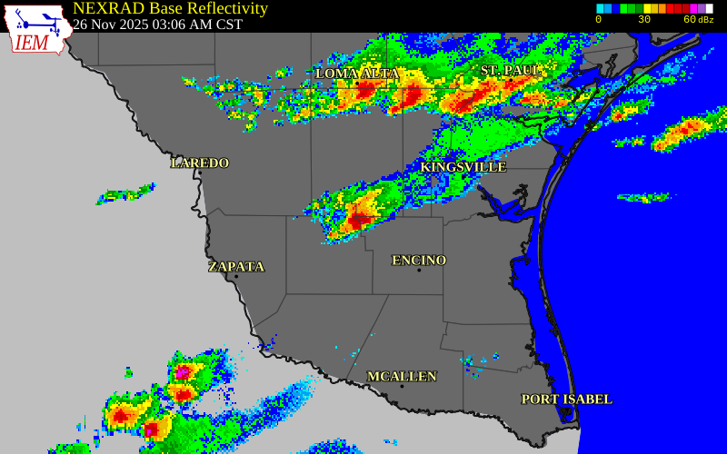 NEXRAD radar during the Wednesday, November 26, 2025 storm activity in Jim Hogg County, Texas
