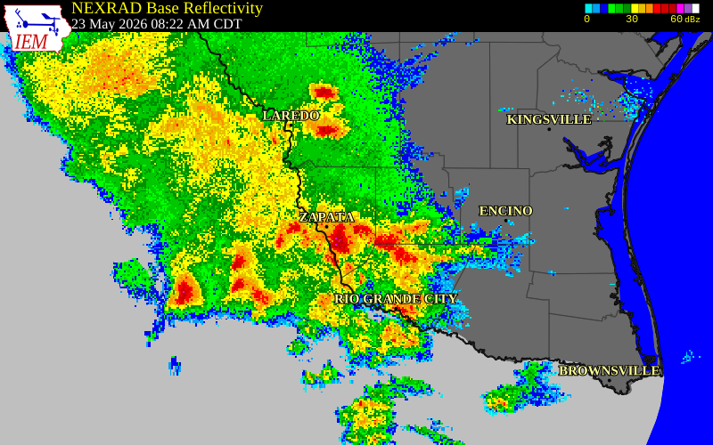 NEXRAD radar during the Saturday, May 23, 2026 storm activity in Jim Hogg County, Texas