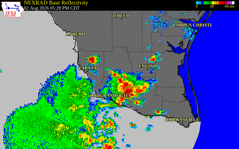 NEXRAD radar during the Sunday, August 2, 2026 storm activity in Jim Hogg County, Texas
