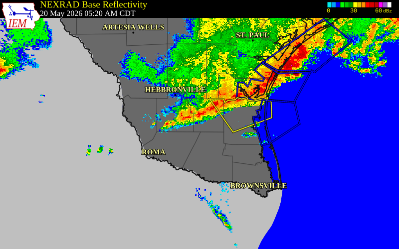 Radar snapshot during the May 20, 2026 wind event near Jim Hogg County, Jim Hogg County, Texas, with NWS warning polygons