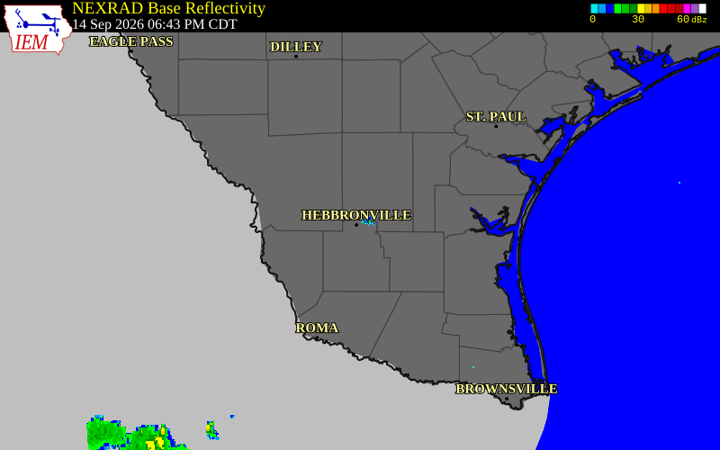 Current NEXRAD radar over Jim Hogg County, Texas with recent storm report locations