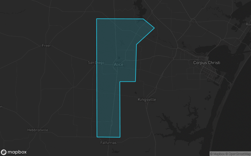 Map of Jim Wells County, Texas showing the county boundary and surrounding cities