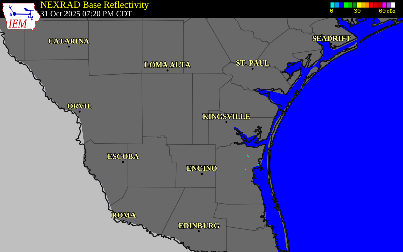 NEXRAD radar during the Friday, October 31, 2025 storm activity in Jim Wells County, Texas