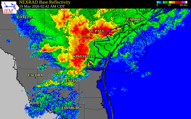 NEXRAD radar during the Tuesday, May 19, 2026 storm activity in Jim Wells County, Texas