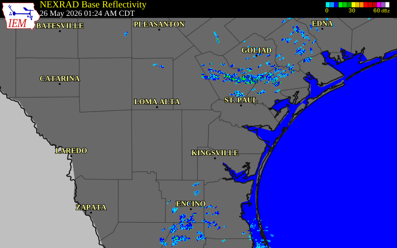 NEXRAD radar during the Tuesday, May 26, 2026 storm activity in Jim Wells County, Texas