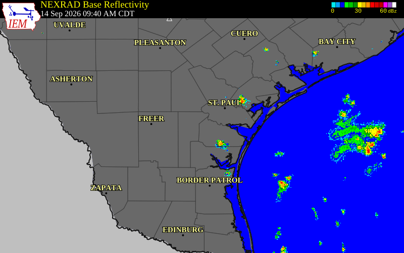 Current NEXRAD radar over Jim Wells County, Texas with recent storm report locations