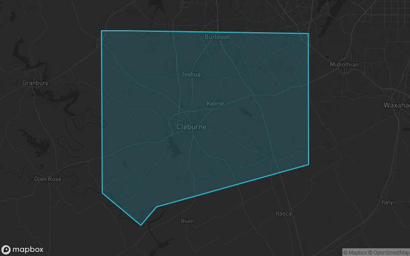 Map of Johnson County, Texas showing the county boundary and surrounding cities