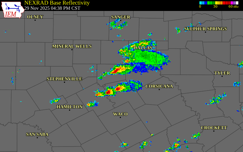 NEXRAD radar during the Saturday, November 29, 2025 storm activity in Johnson County, Texas