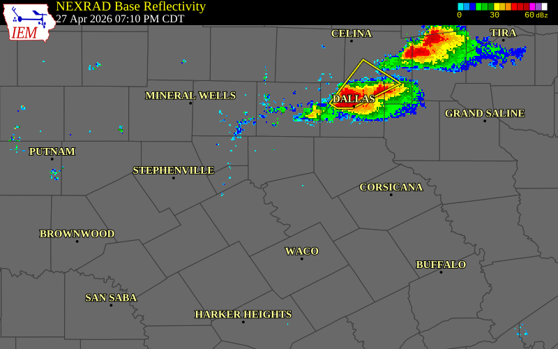 NEXRAD radar during the Monday, April 27, 2026 storm activity in Johnson County, Texas