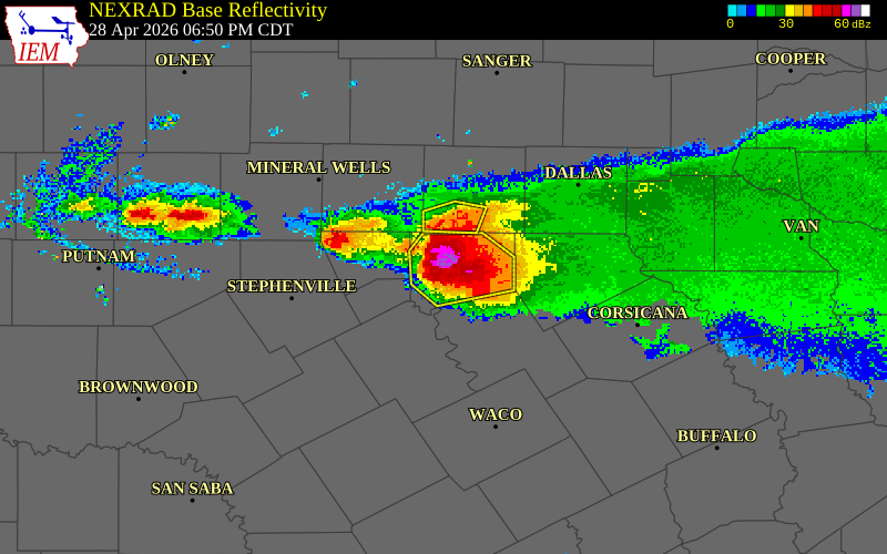 NEXRAD radar during the Tuesday, April 28, 2026 storm activity in Johnson County, Texas