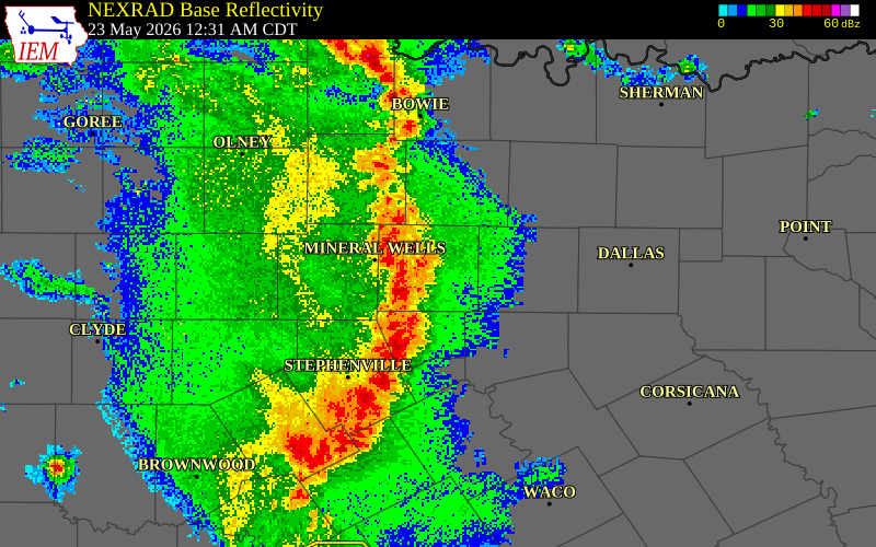 NEXRAD radar during the Saturday, May 23, 2026 storm activity in Johnson County, Texas