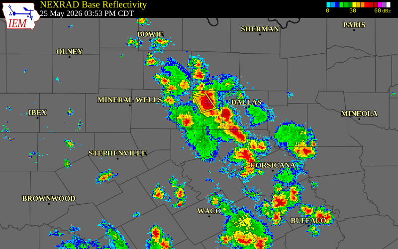 NEXRAD radar during the Monday, May 25, 2026 storm activity in Johnson County, Texas