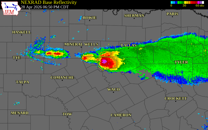 Radar snapshot during the Apr 28, 2026 tornado event near 3 WSW Cleburne, Johnson County, Texas, with NWS warning polygons