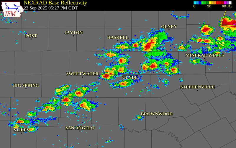 NEXRAD radar during the Tuesday, September 23, 2025 storm activity in Jones County, Texas
