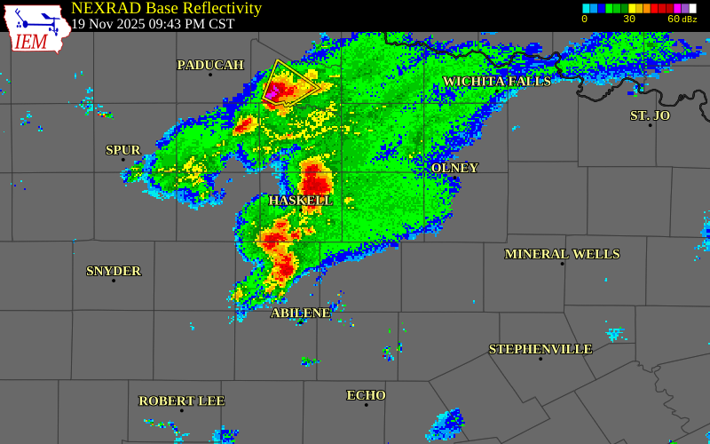 NEXRAD radar during the Wednesday, November 19, 2025 storm activity in Jones County, Texas