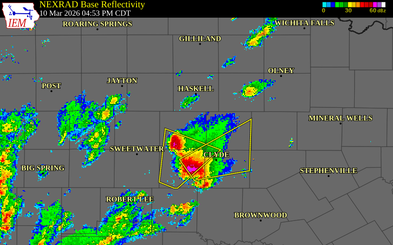 NEXRAD radar during the Tuesday, March 10, 2026 storm activity in Jones County, Texas