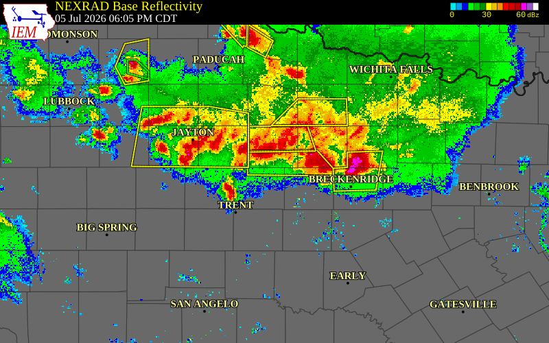 Radar snapshot during the Jul 5, 2026 wind event near 4 N Avoca, Jones County, Texas, with NWS warning polygons
