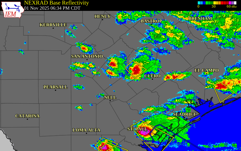 NEXRAD radar during the Saturday, November 1, 2025 storm activity in Karnes County, Texas