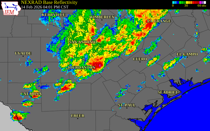 NEXRAD radar during the Saturday, February 14, 2026 storm activity in Karnes County, Texas